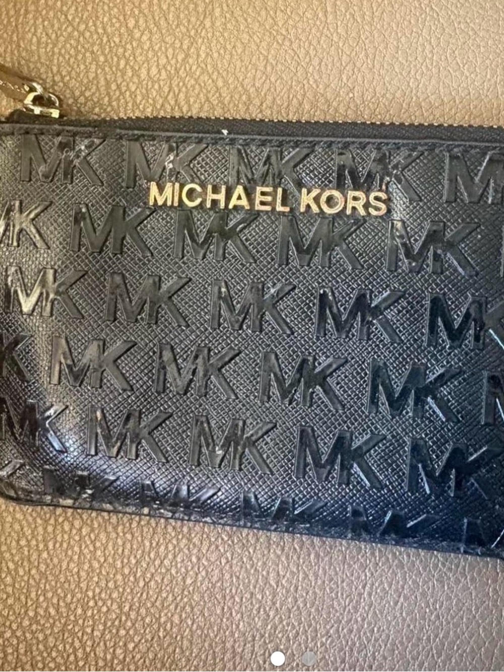 Michael Kors Black Embossed MK Zip Pouch with Gold Logo